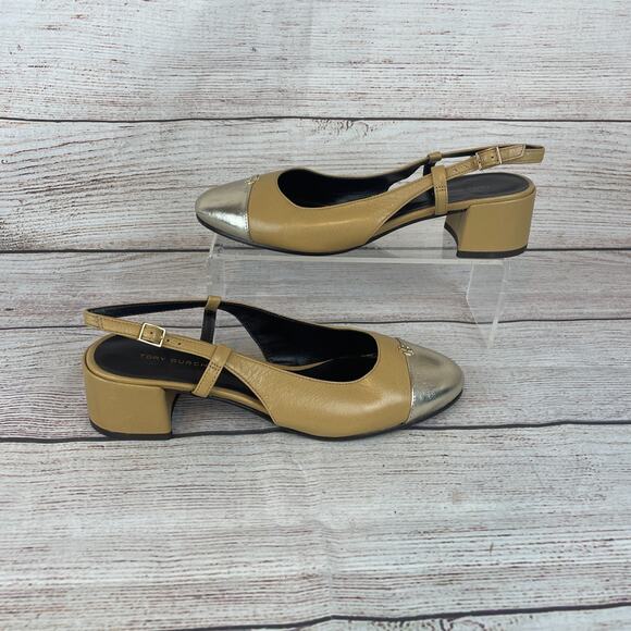 Tory Burch Cap-Toe Womens Sz 7M Slingback Heels Ginger Shortbread Spark Gold - Picture 1 of 9
